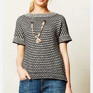 Field & Flower Anthropologie Greta Crochet Black White Knit Top Short Sleeve S